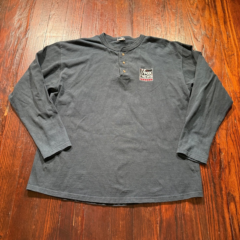 Vintage 90s Fox News Henley Shirt Mens XL Black Embroidered Logo Media Promo